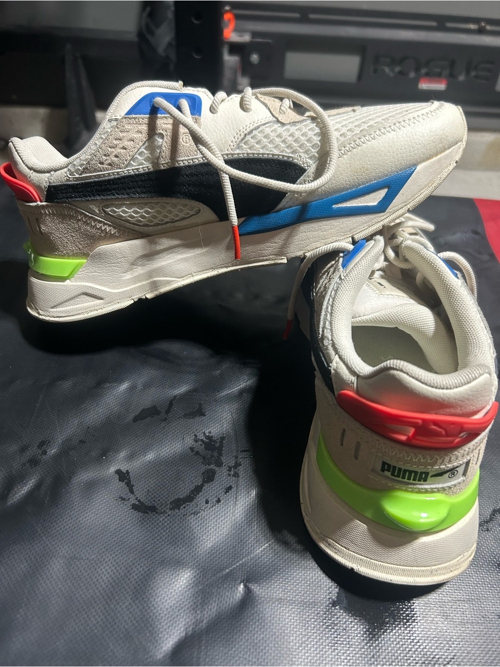 Puma Men’s Cream Sneakers with Blue, Black, Neon Green & Red Accents